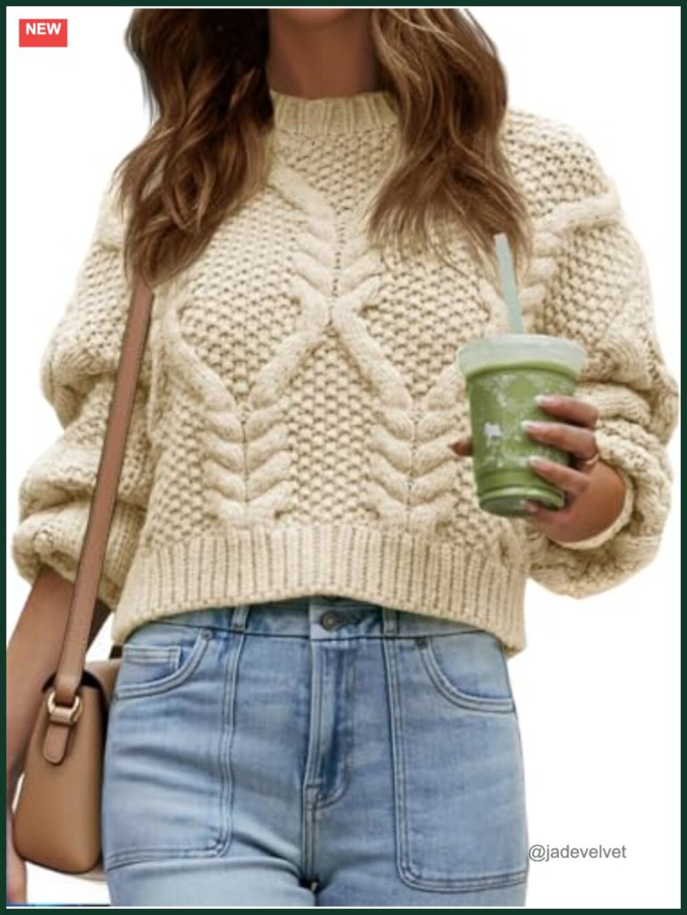 Cable Knit Cropped Sweater Chunky Puff Long Sleeve Crewneck Pullover